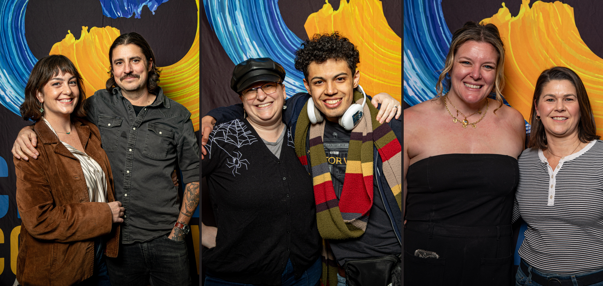 Three vibrant pairs beam in front of a bold abstract backdrop, reflecting Essex County’s creative spirit and close community ties.