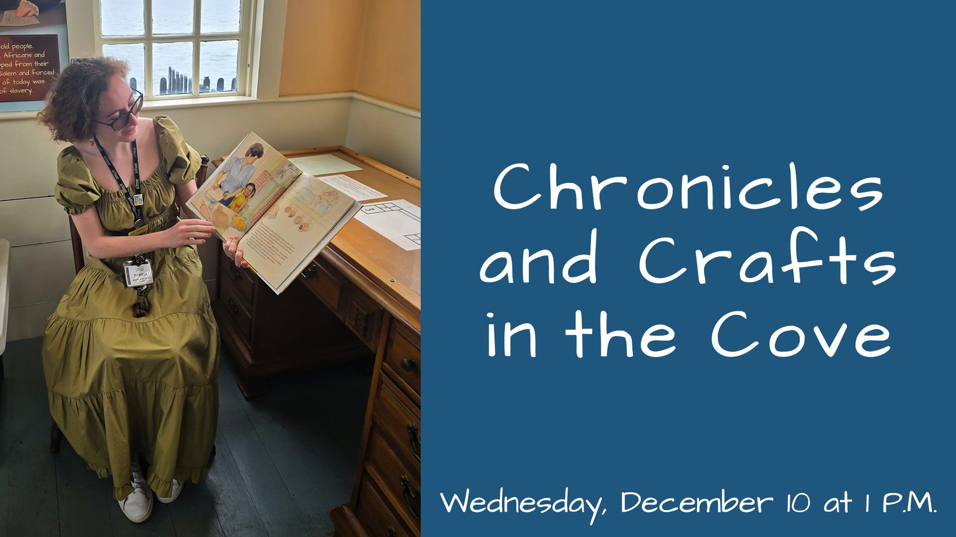 A vibrant woman in green reads by a sunny window, inviting Essex County neighbors to our creative “Chronicles and Crafts” event.