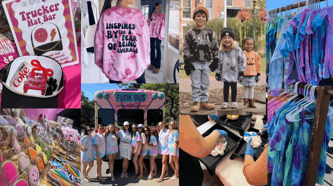 A vibrant collage bursts with painted hats, kids in tie-dye, local art, the Funk Bus, decorated cookies, and Essex County friends united in creativity.