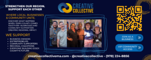 A vibrant banner shows our joyful group celebrating creativity, uplifting Essex County businesses, with QR code and contact info.