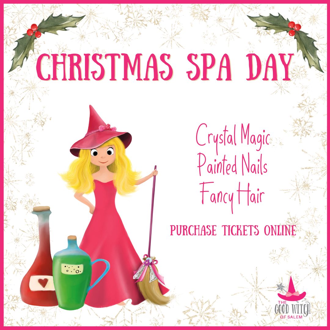 A lively Christmas Spa Day ad bursts with Essex County spirit—crystal magic, painted nails, fun hair, and a festive witchy girl invite all!.