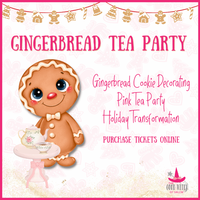 A cheerful gingerbread girl with a pink bow hosts a lively tea party, inviting Essex County families for creative cookie fun and togetherness!.