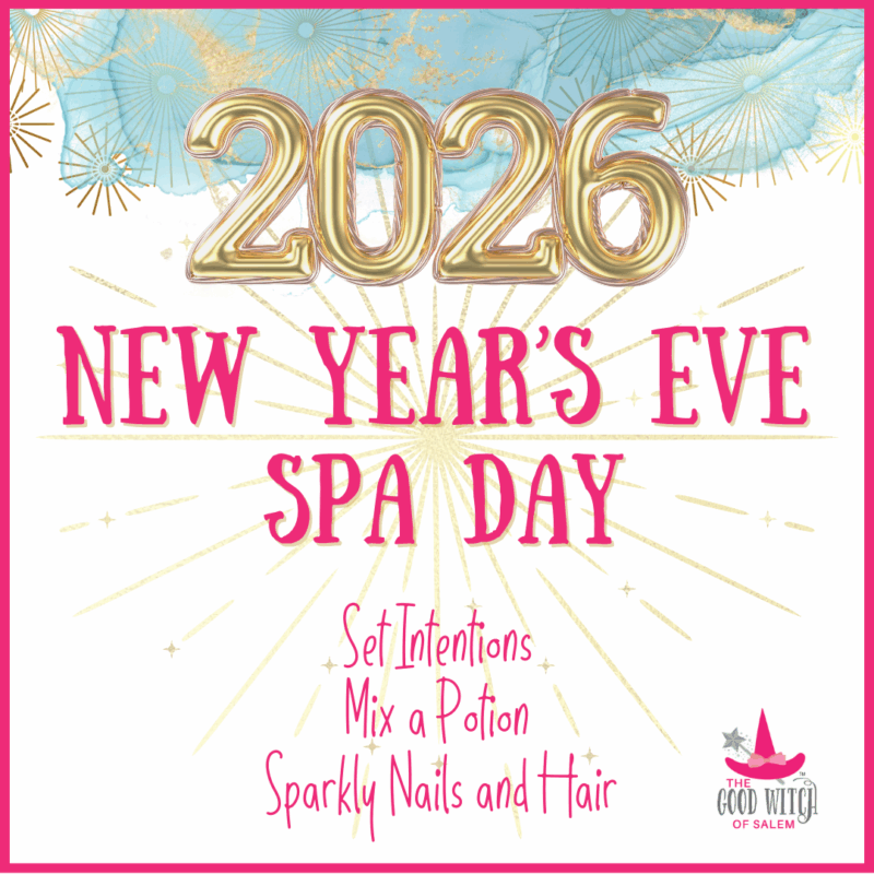 Vibrant 2026 New Year's Eve Spa Day graphic for Essex County, gold balloon numbers, festive stars, fun pink text: intention-setting, potion-mixing, and glittery nails and hair—come celebrate creativity and connection! Local logo in corner.