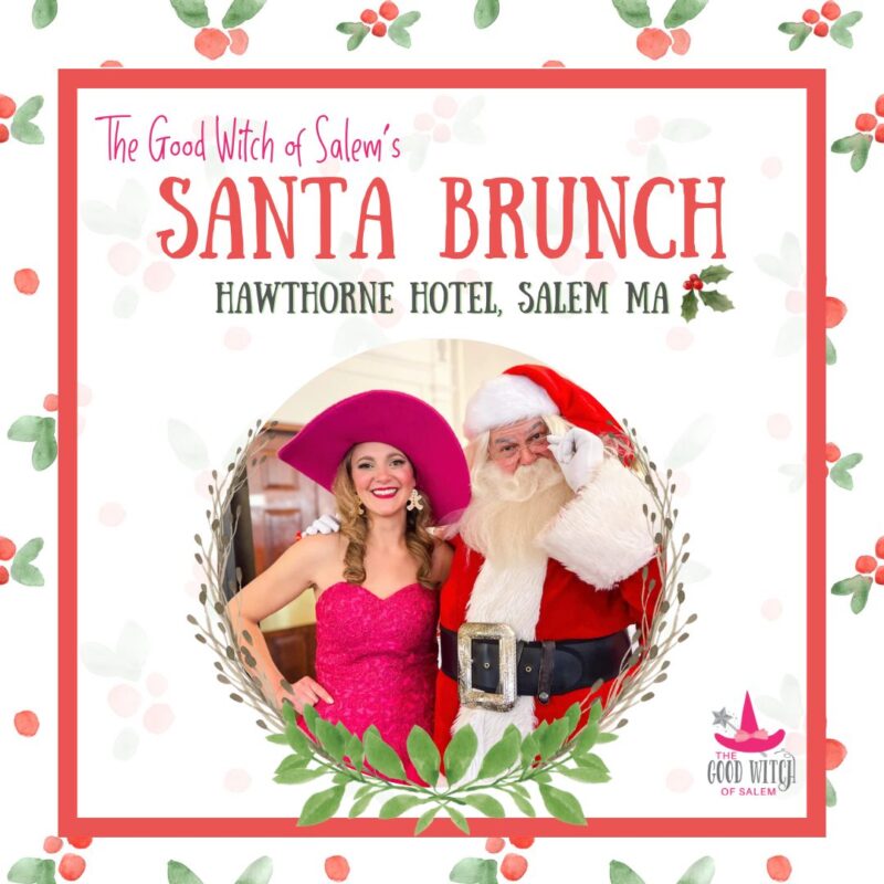Festive spirit shines as a woman in bright pink and Santa share smiles at Salem’s Santa Brunch, uniting our Essex County community.