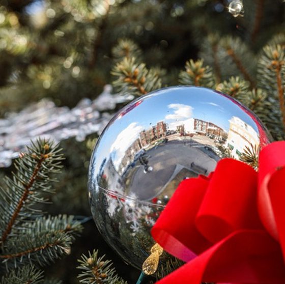 A shiny silver ornament on a Christmas tree mirrors vibrant street life, with a bold red bow and lush pine—a festive Essex County spirit.