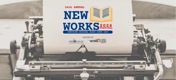 A typewriter with a paper featuring the lively 24th Annual New Works 2026 Festival logo, celebrating Essex County’s creative community.