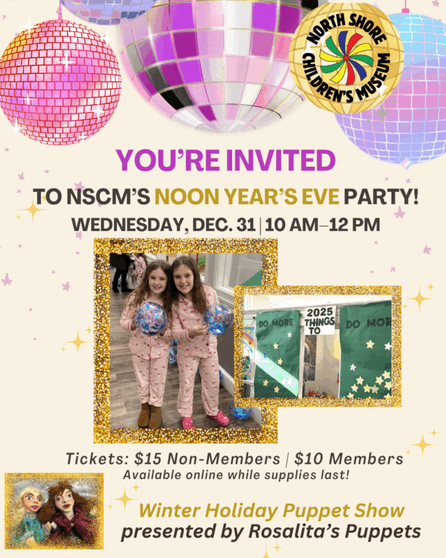 Festive invite with two laughing girls in pajamas, colorful balloons, a “2025 Things To Do” board, and details for Essex County’s lively Noon Year’s Eve kids’ party and puppet show, uniting families December 31.
