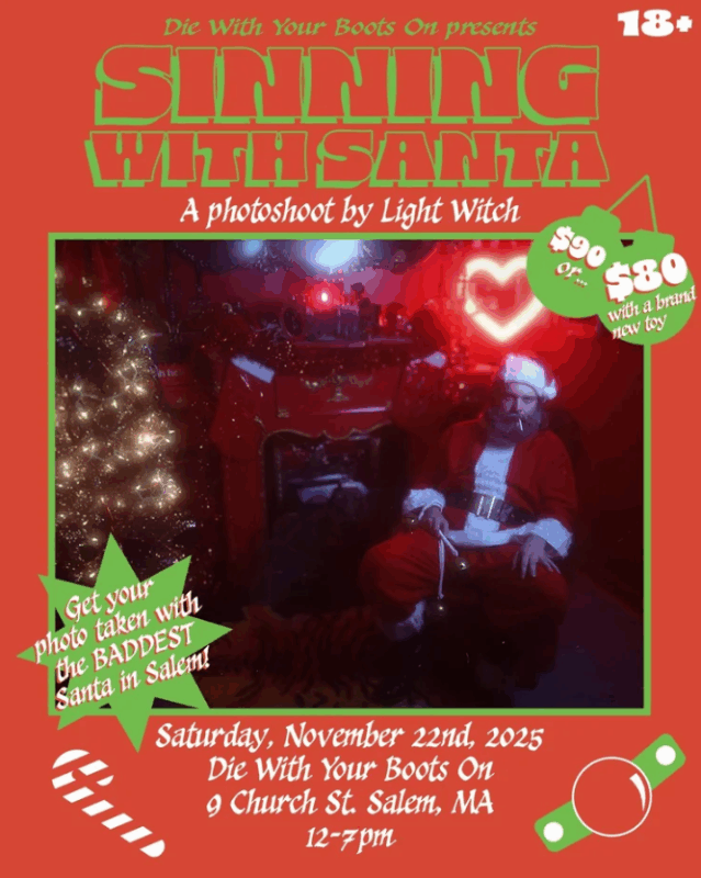 Santa poses amid festive lights, spooky skulls, and a glowing tree at Salem’s lively “Sinning With Santa” event, uniting our creative Essex County community.