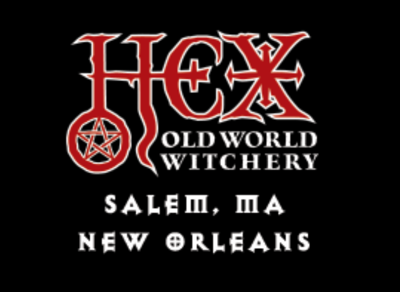 A bold black background showcases the lively red and white "Hex Old World Witchery" logo, uniting creative Salem, MA and New Orleans communities.