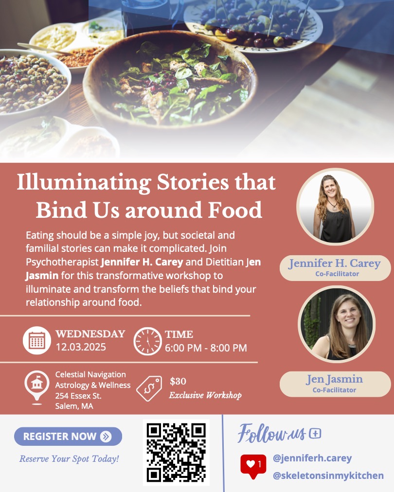 A lively flyer invites Essex County to a food storytelling workshop with Jennifer H. Carey and Jen Jasmin, vibrant photos, a shared meal, and social links connecting our creative community.