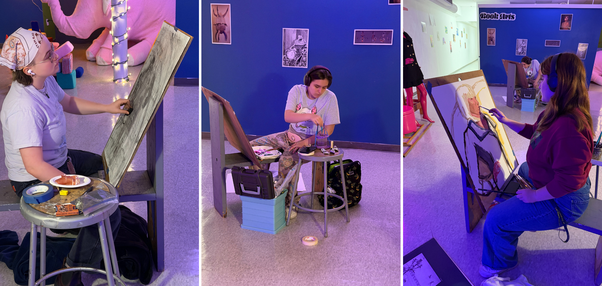 Three lively photos of artists in our blue Essex County studio, collaborating and creating amid vibrant canvases and local art decor.