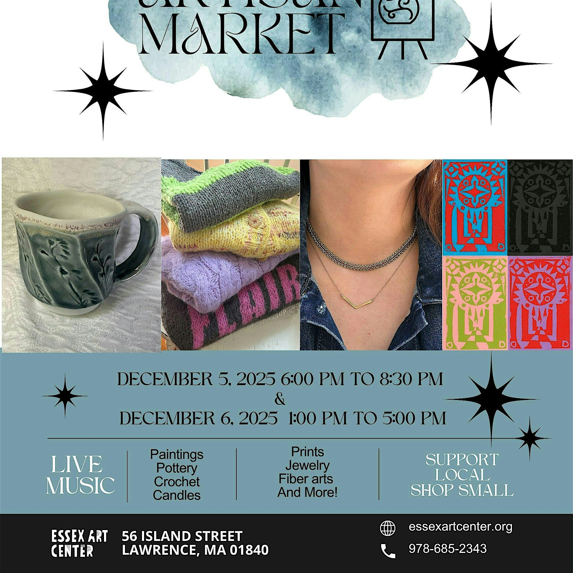 Vibrant art market flyer with local ceramics, knits, jewelry, and prints; showcases Essex County artists, live music & community fun.