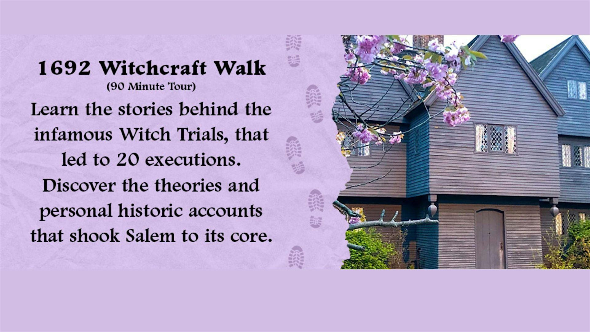 Lively graphic for the “1692 Witchcraft Walk” tour at a historic Salem home, connecting locals in exploring Essex County’s past.