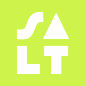 Dynamic white shapes spell “SALT” on a lively yellow-green, the triangle “A” symbolizing Essex County’s creative, connected community.