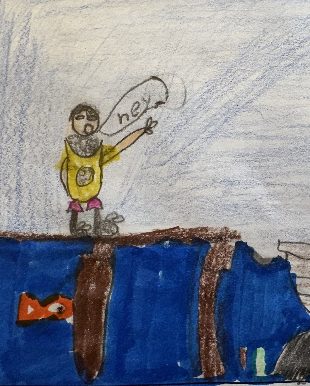 A joyful child on a dock waves over Essex County’s sparkling water, inspiring creative connections as a friendly orange fish swims below.