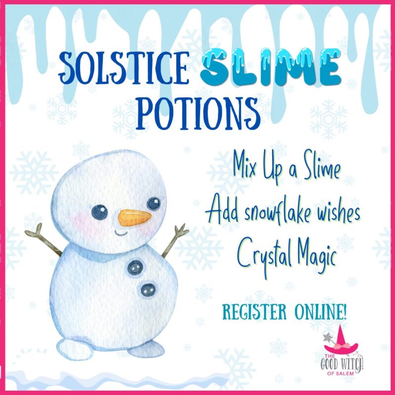 Vibrant Solstice Slime Potions flyer with a cheerful snowman, snowy backdrop, and lively invite to Essex County kids for creative fun mixing slime, making wishes, and sharing crystal magic together.