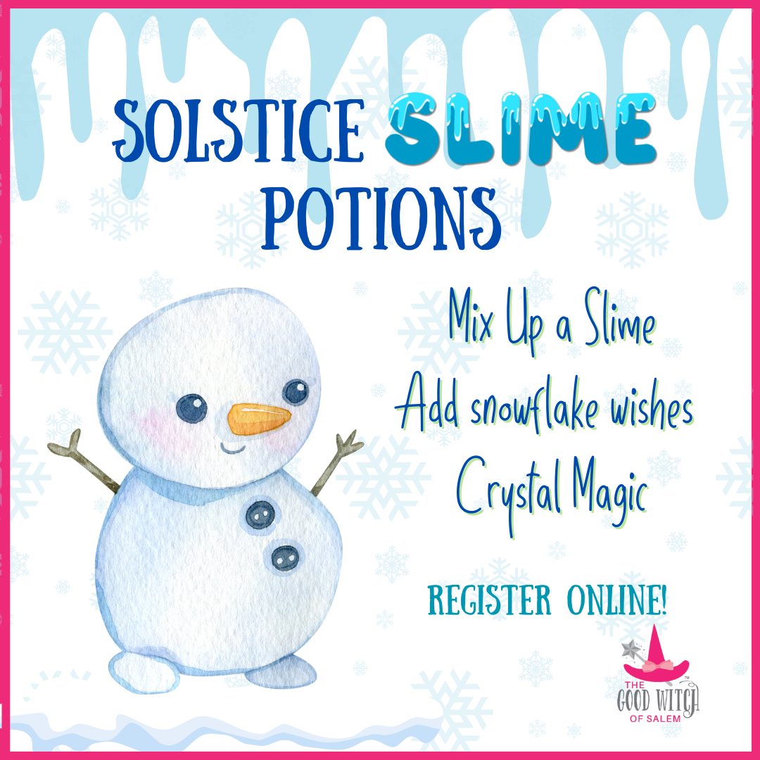 Vibrant Solstice Slime Potions flyer with a cheerful snowman, snowy backdrop, and lively invite to Essex County kids for creative fun mixing slime, making wishes, and sharing crystal magic together.