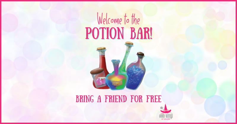Vibrant potion bottles pop below cheery text: “Welcome to the Potion Bar!” and “Bring a friend for free.” Pastel circles spark community spirit; logo in corner.
