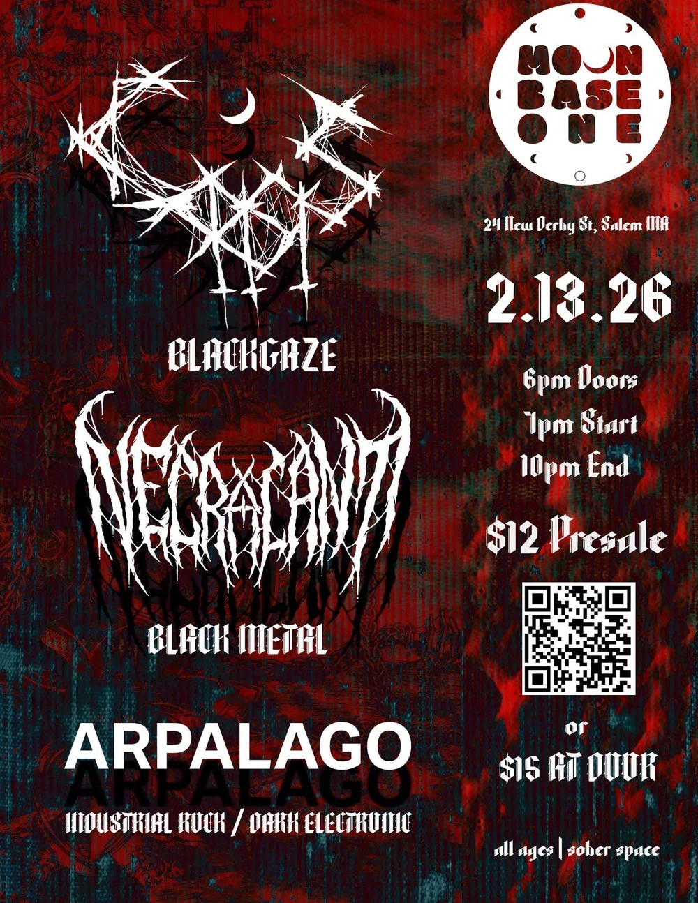 Vibrant "Moon Base One" concert flyer ignites Salem’s scene, spotlighting local bands and Essex County’s creative pulse with event details.