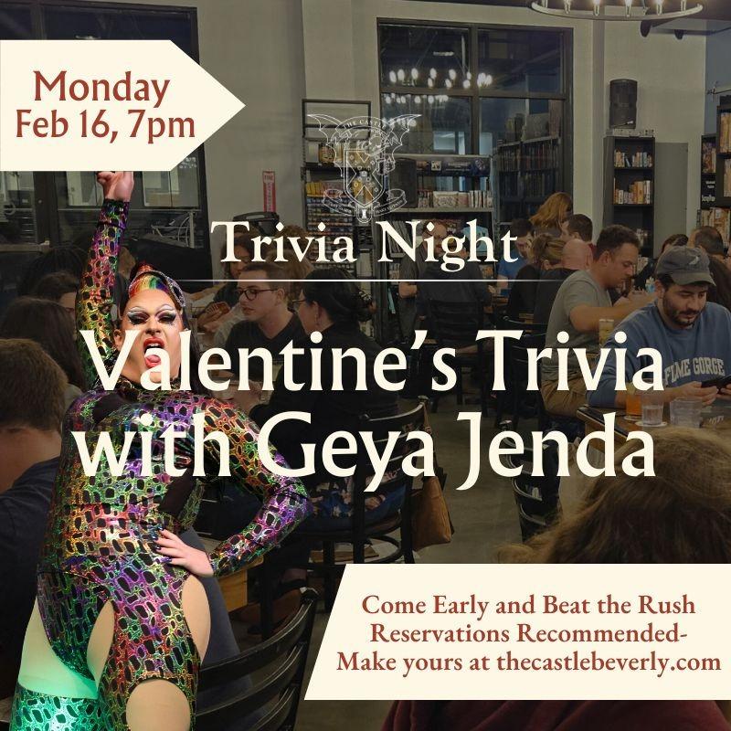 A dazzling drag performer lights up a packed venue, uniting the Essex County community for "Valentine’s Trivia with Geya Jenda"—Feb 16, 7pm!.