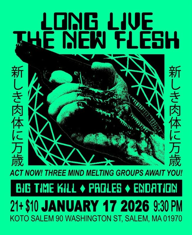 A bold neon green and black concert poster bursts with a tech-inspired hand-gun design, hyping local bands at Koto Salem on Jan 17, 2026; energetic Japanese script frames details, sparking Essex County’s creative community spirit.