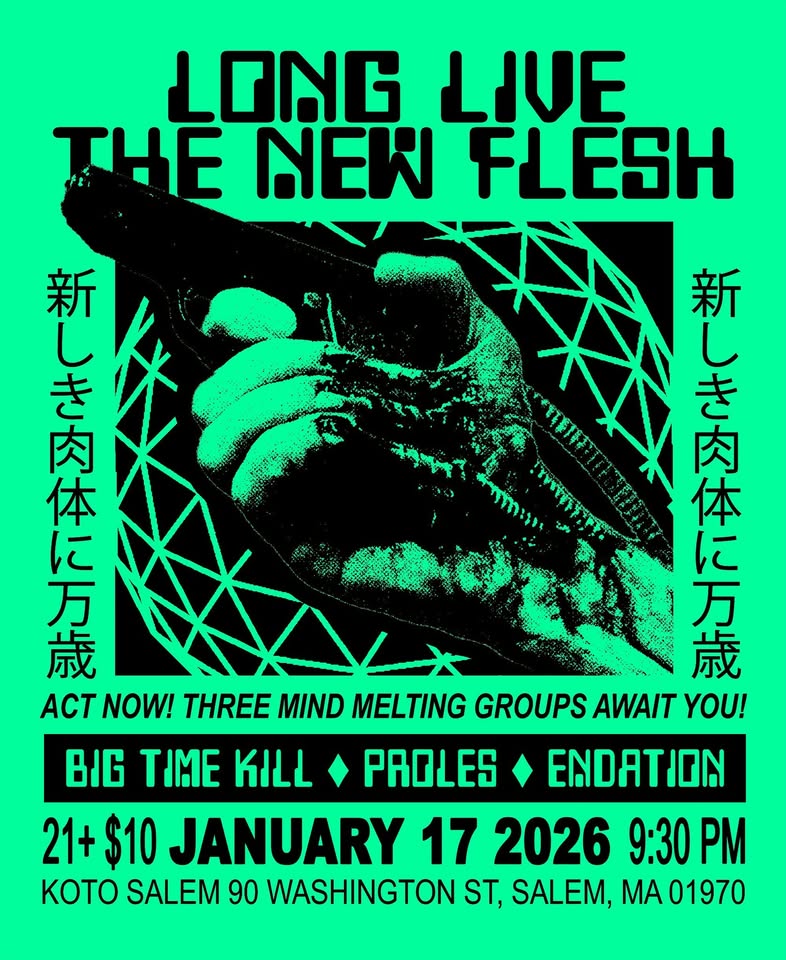 A bold neon green and black concert poster bursts with a tech-inspired hand-gun design, hyping local bands at Koto Salem on Jan 17, 2026; energetic Japanese script frames details, sparking Essex County’s creative community spirit.
