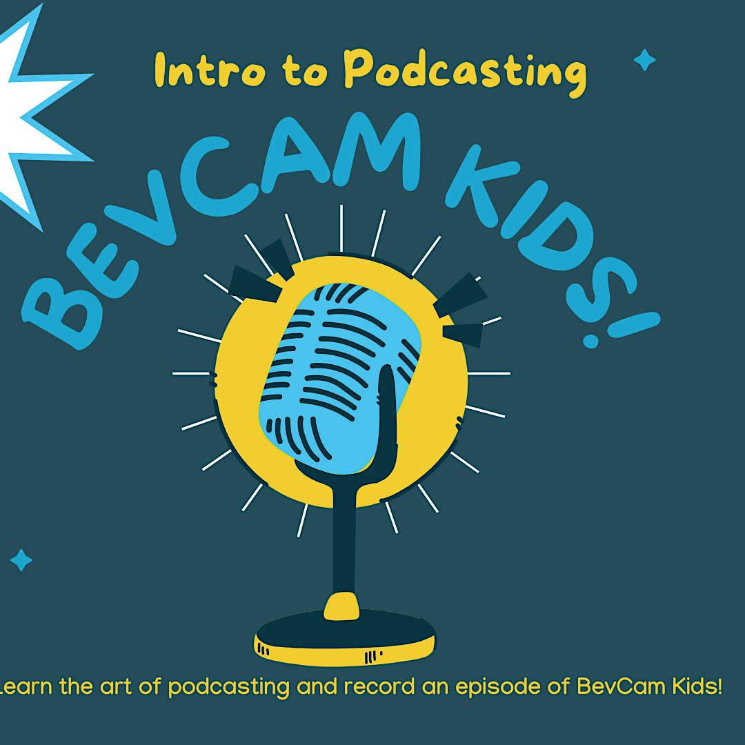 A vibrant blue microphone with yellow accents shines at the center, uniting Essex County youth for creative podcasting fun on a dark teal backdrop.