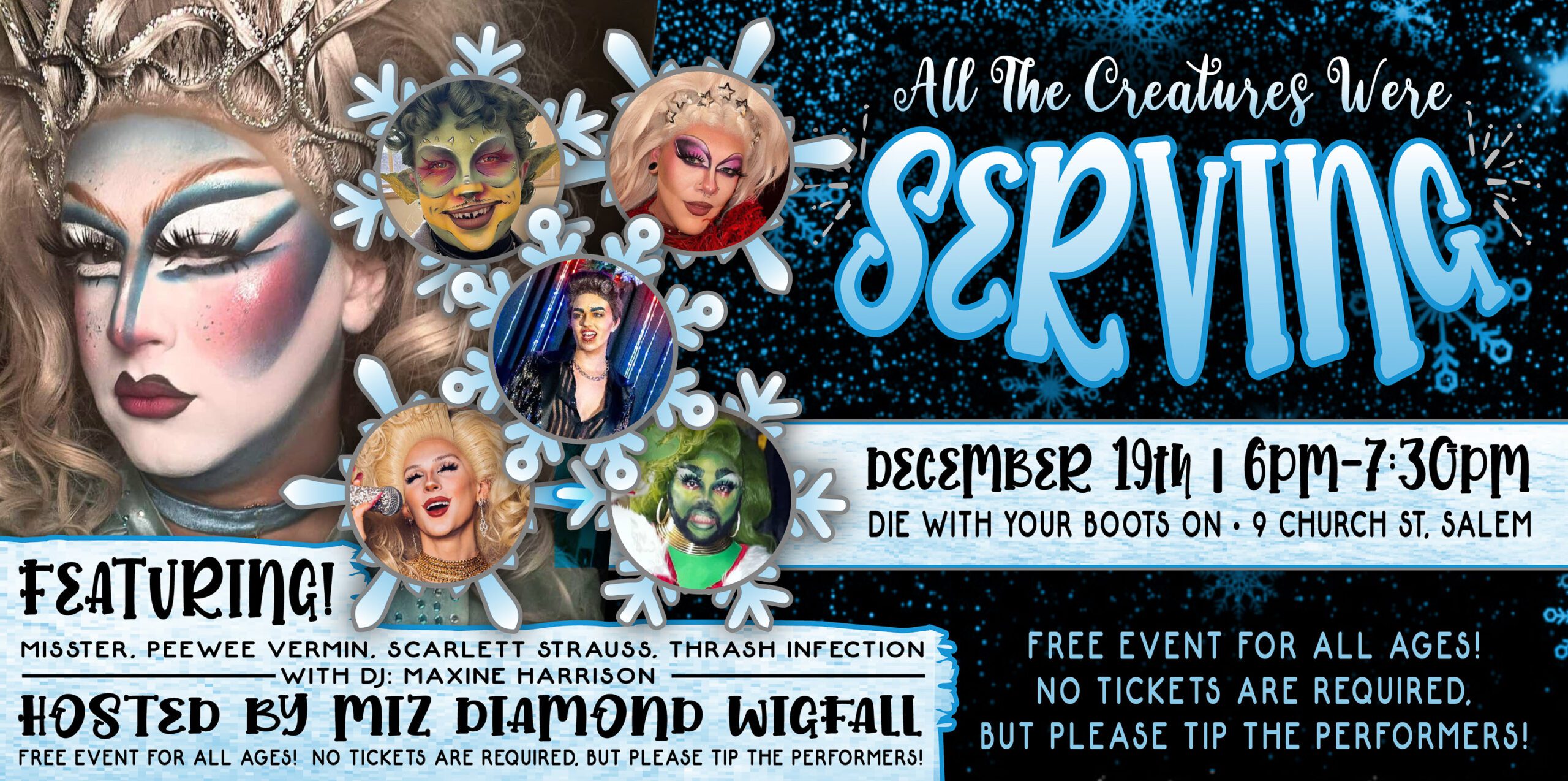 Colorful flyer for “All The Creatures Were Serving” drag night, Dec 19, 6–7:30pm at Die With Your Boots On Salem, hosted by Miz Diamond Wigfall, celebrating local talent and vibrant Essex County LGBTQ+ community.