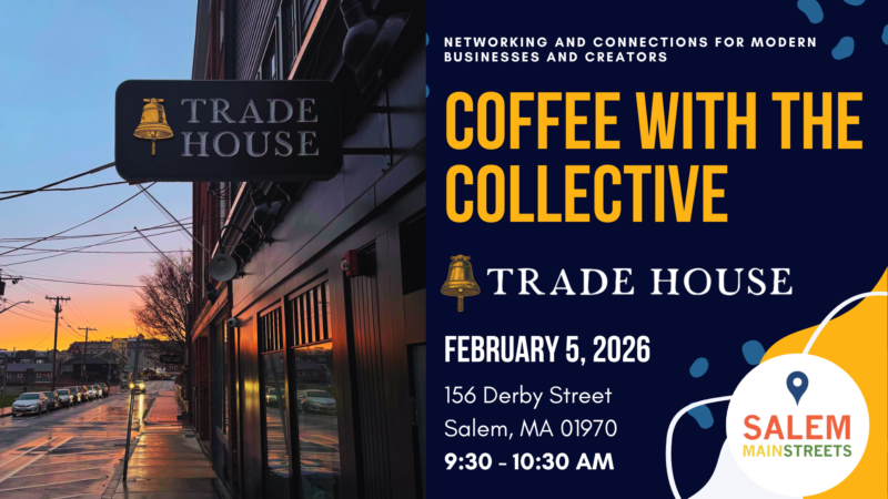 A vibrant flyer invites Essex County locals to “Coffee with the Collective” at Trade House, glowing with sunset community spirit.