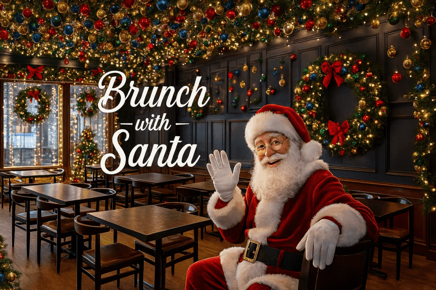 Santa waves cheerfully in a lively, Christmas-lit Essex County eatery, spreading joy at "Brunch with Santa.
