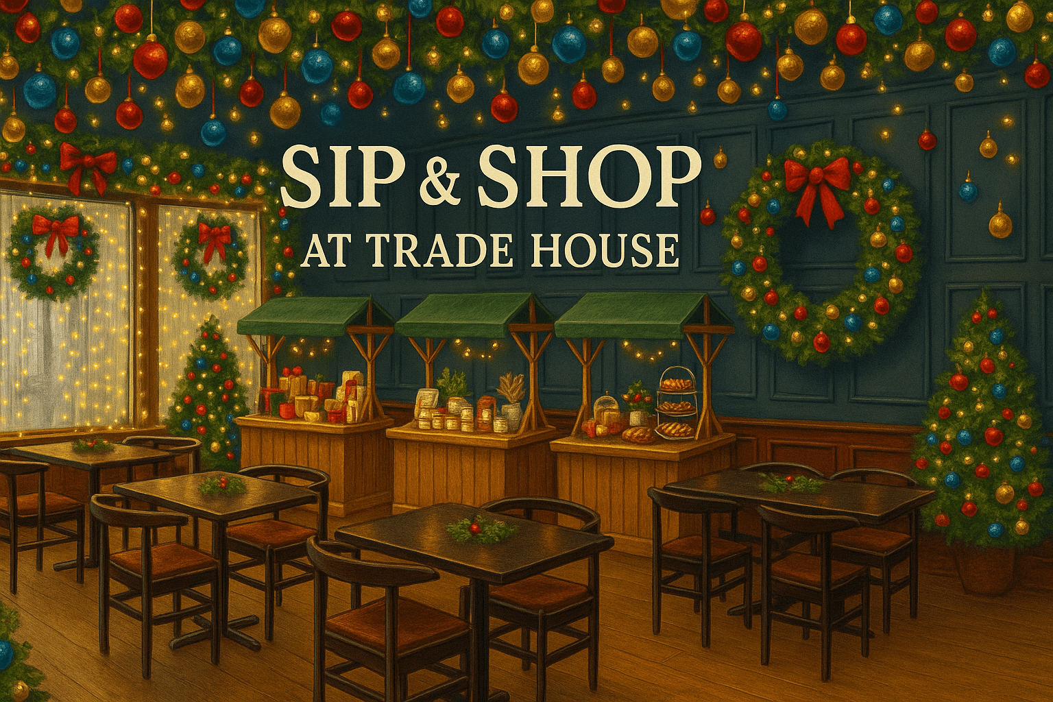 Lively cafe aglow with wreaths, garlands, and ornaments welcomes Essex County locals to gather and connect at “SIP & SHOP AT TRADE HOUSE.”.