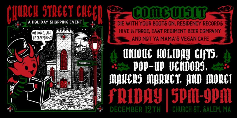 Vibrant flyer for Salem’s “Church Street Creept” features bold gothic art and local vendors, uniting our creative Essex County community.