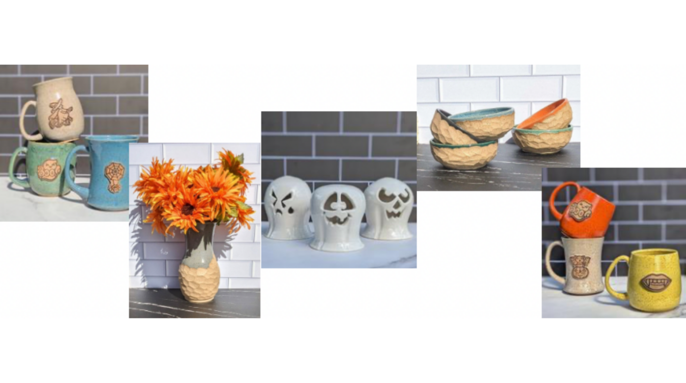 Bright ceramic mugs with leafy designs, a vase bursting with orange blooms, festive pumpkins, pastel bowls, and local logo mugs—Essex County artistry connecting our creative community.