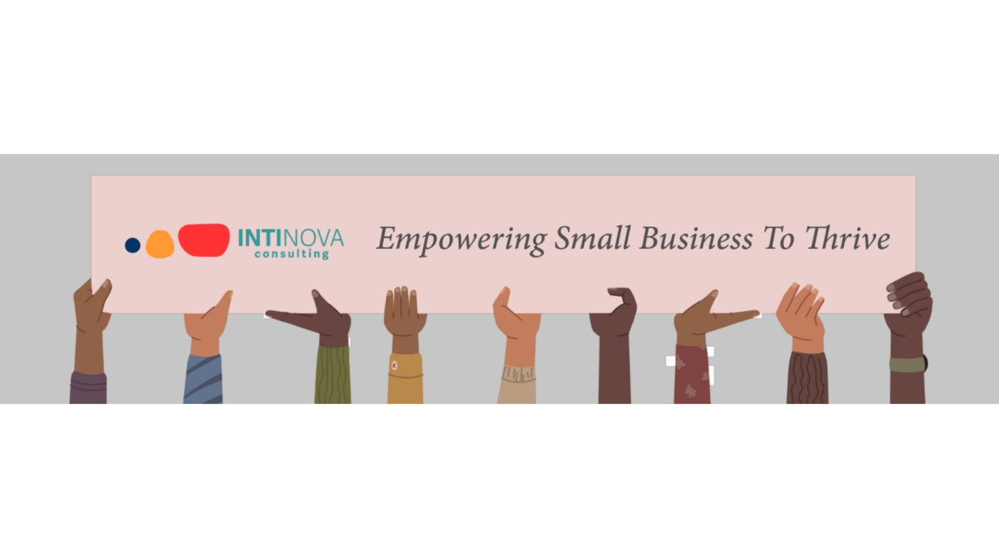 Vibrant, diverse hands unite to lift a bold INTINOVA banner: "Empowering Essex County Small Businesses To Thrive.