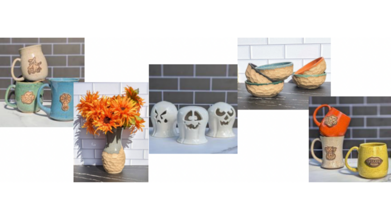 Bright ceramic mugs with leafy designs, a vase bursting with orange blooms, festive pumpkins, pastel bowls, and local logo mugs—Essex County artistry connecting our creative community.