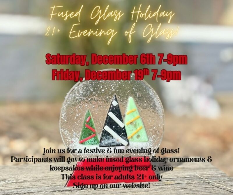 A vibrant fused glass ornament with three festive trees shines on wood, inviting Essex County locals to a lively, creative holiday event.