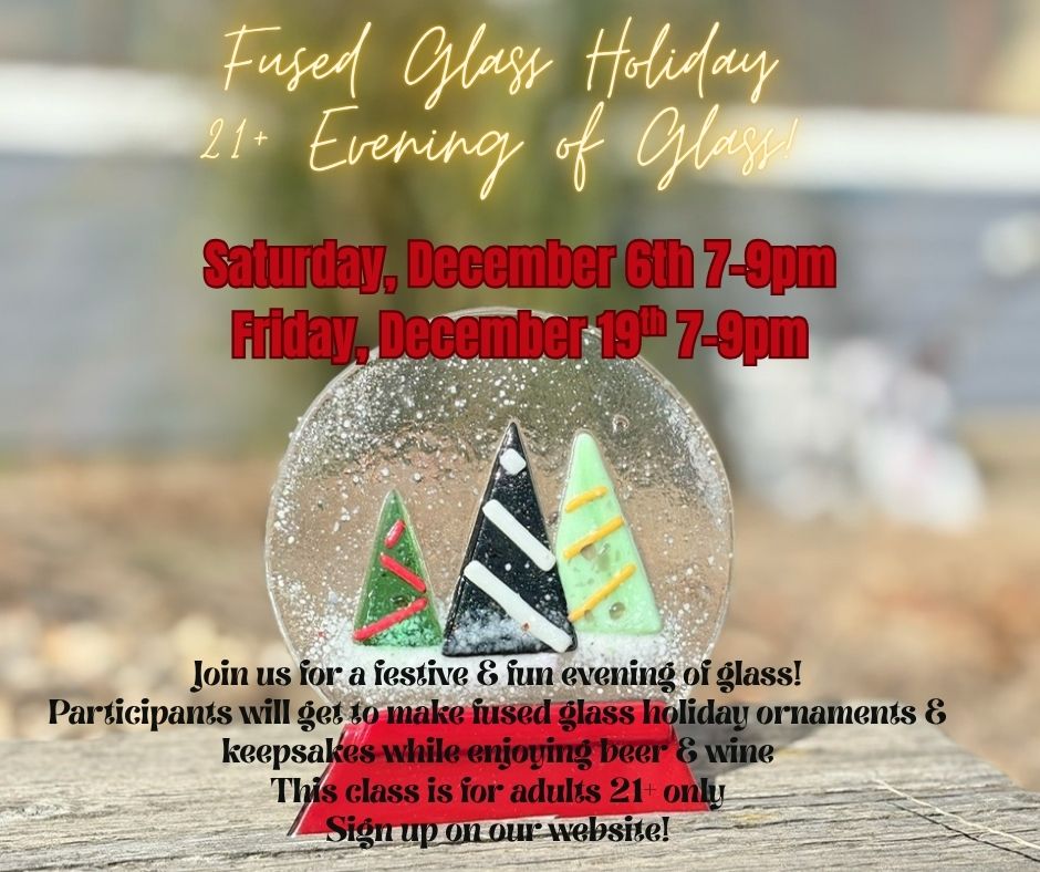 A vibrant fused glass ornament with three festive trees shines on wood, inviting Essex County locals to a lively, creative holiday event.