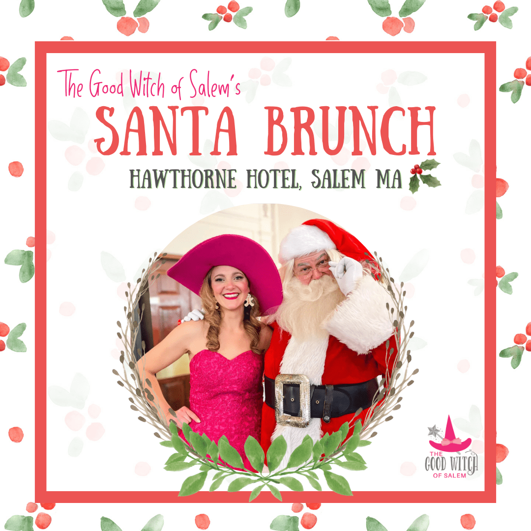 A spirited woman in a bright pink dress and hat beams beside Santa at Salem’s festive brunch, uniting Essex County families in joy.
