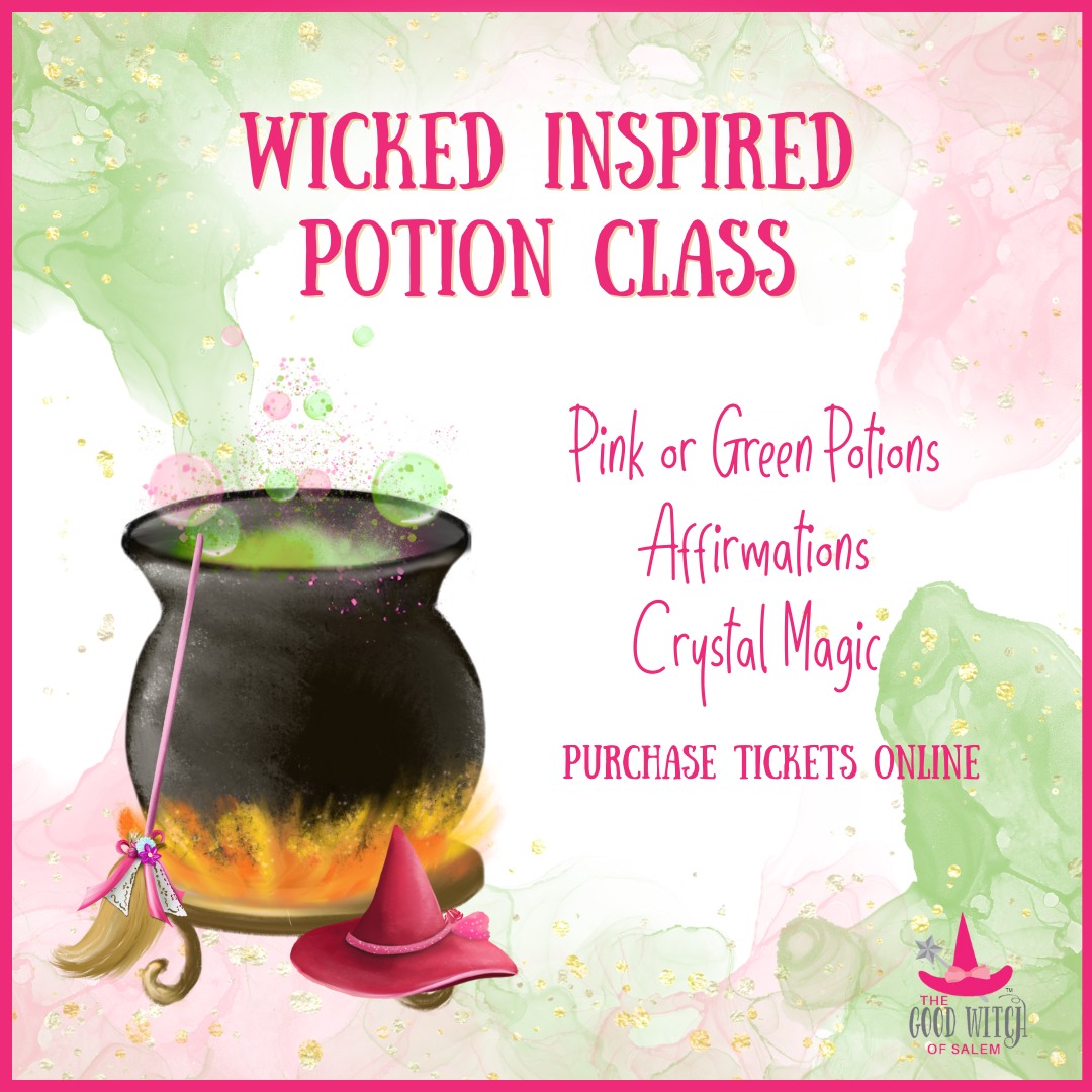 A vibrant "Wicked Inspired Potion Class" promo with bubbling cauldron, broom, and pink witch hat—join Essex County for creative connections, magic potions, and positive vibes!.