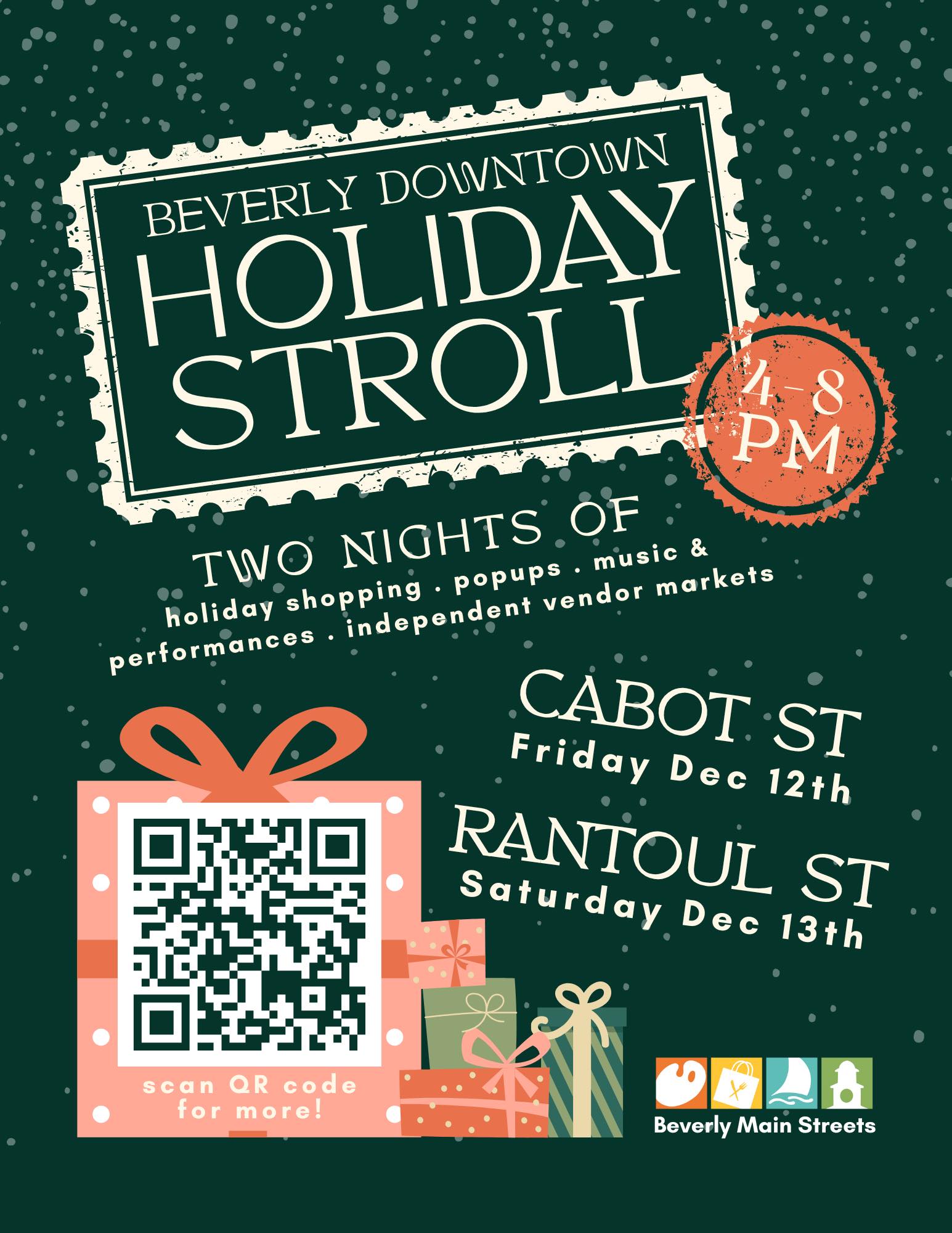 Colorful flyer buzzing with Beverly's Holiday Stroll spirit—local music, markets, and gifts fill Cabot & Rantoul St. Dec 12-13!.