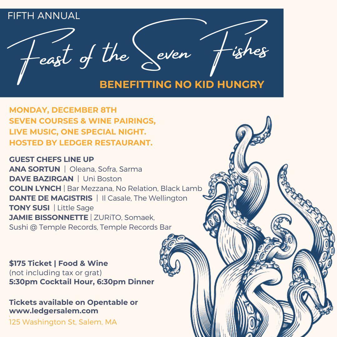 Lively flyer for Salem’s 5th Feast of the Seven Fishes, uniting top local chefs to support No Kid Hungry and energize Essex County.