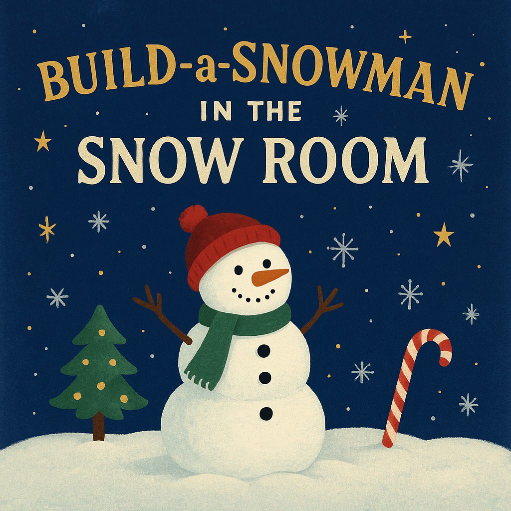Festive snowman with red hat, green scarf, and stick arms near tree and candy cane on snowy ground; “Build-a-Snowman in the Snow Room” inspires Essex County’s community joy under sparkling blue sky.