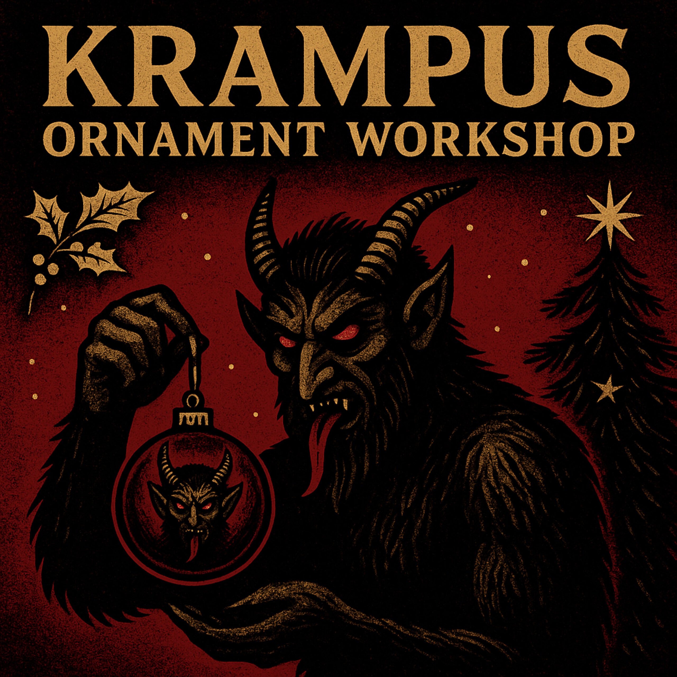 Festive illustration of Krampus proudly displaying a whimsical ornament of himself, inviting Essex County to join a creative, joyful workshop.