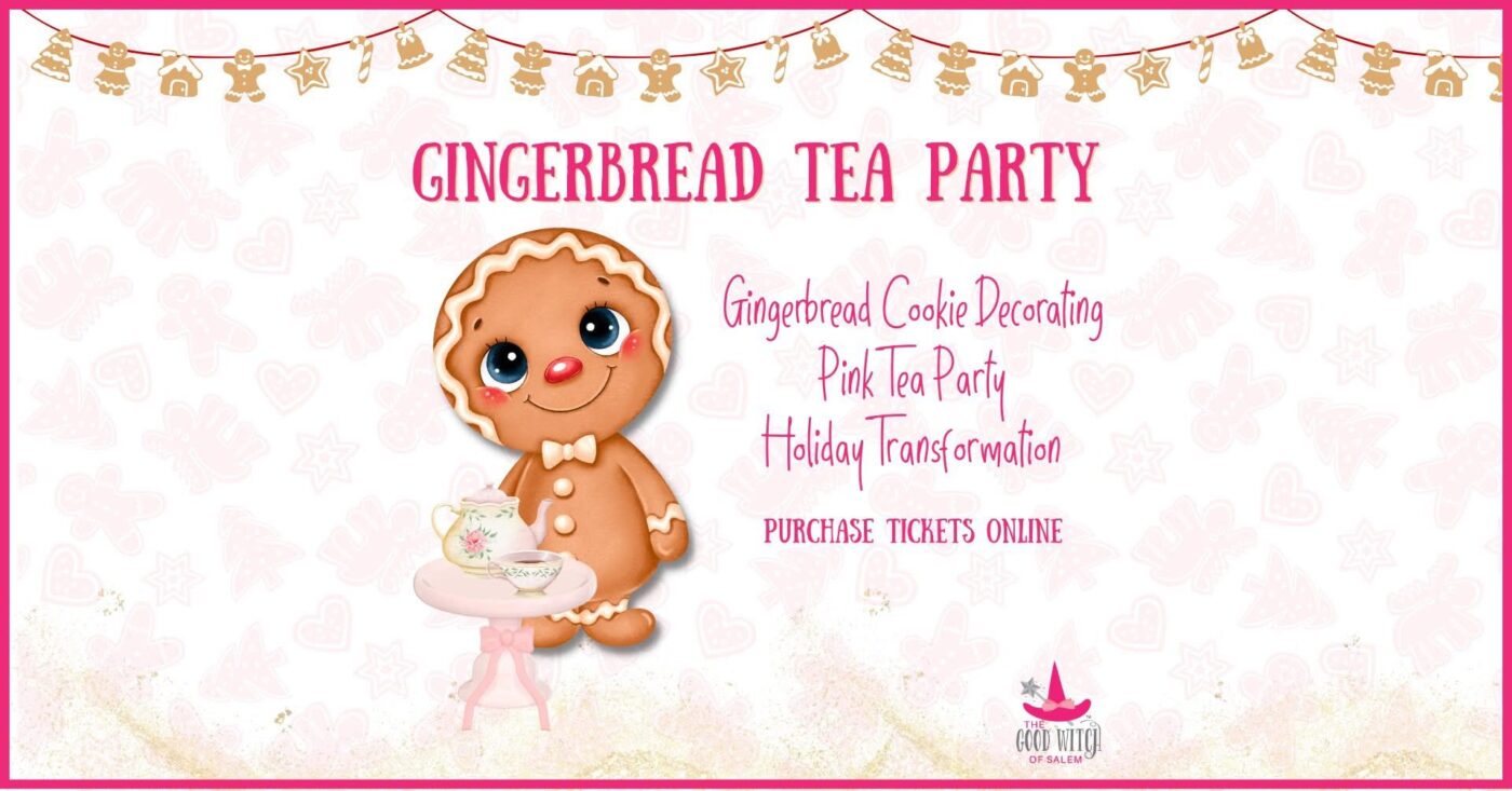 A lively Gingerbread Tea Party flyer showcases a cheerful cookie and tea set, inviting Essex County families to connect and celebrate.