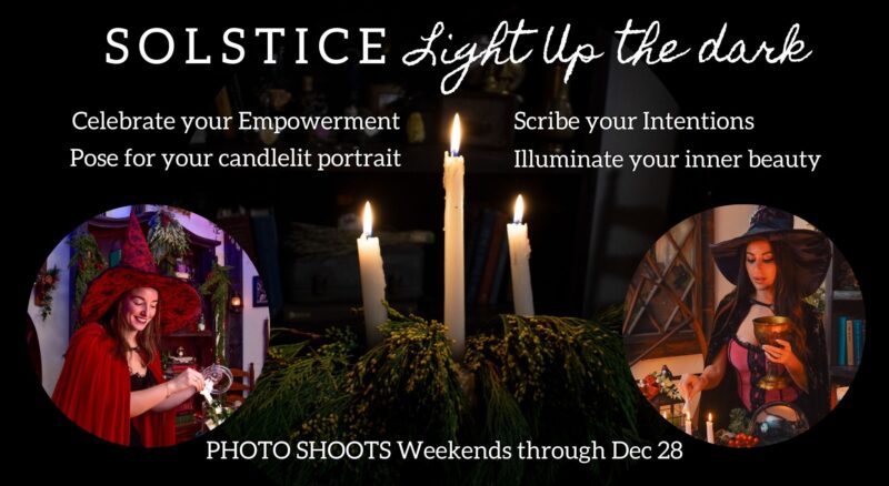 Vibrant "Solstice Light Up the Dark" banner with two women in magical, candlelit scenes; central candles and greenery invite Essex County to unite for creative photo shoots through Dec 28.