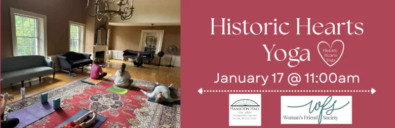 Neighbors gather on yoga mats in a bright, welcoming space with vintage Essex County flair, celebrating community at Historic Hearts Yoga Jan 17, 11am. Organizational logos featured.