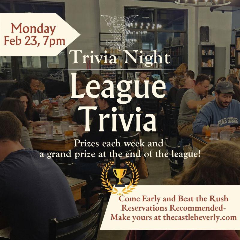 Lively flyer invites Essex County locals to Trivia Night League—join the fun Feb 23, 7pm! Weekly prizes, grand finale, community spirit!.