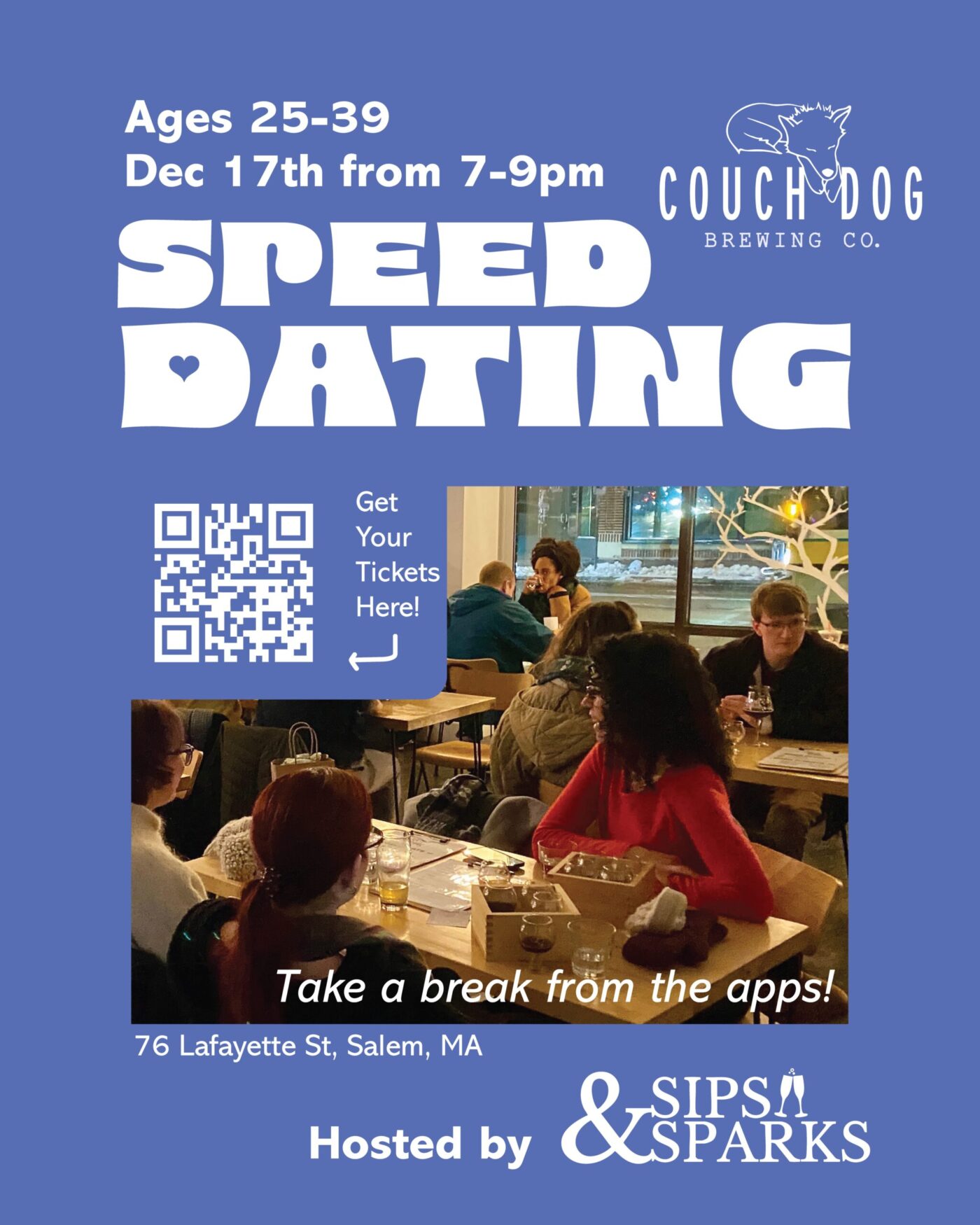 Locals mingle and laugh at Salem’s Couch Dog Brewing Co., sparking new connections at Sips & Sparks’ vibrant Essex County speed dating night.