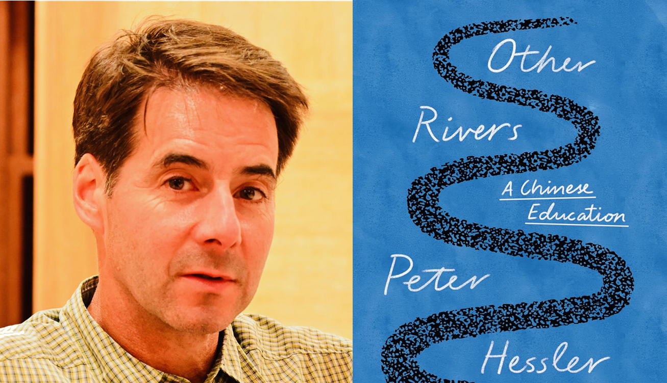 A vibrant local author in a checked shirt beams beside the lively blue book cover “Other Rivers,” sparking Essex County connections.