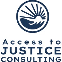 Dynamic navy blue logo for Access to Justice Consulting: a hand lifts a radiant sun over waves, symbolizing unity and hope in Essex County.